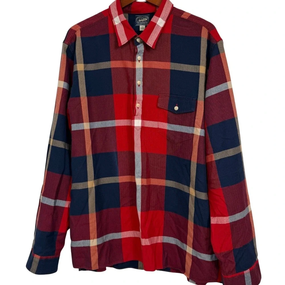 J. Crew Sportsman's Outfitter Men XL Red Navy Plaid Herringbone Popover Shirt